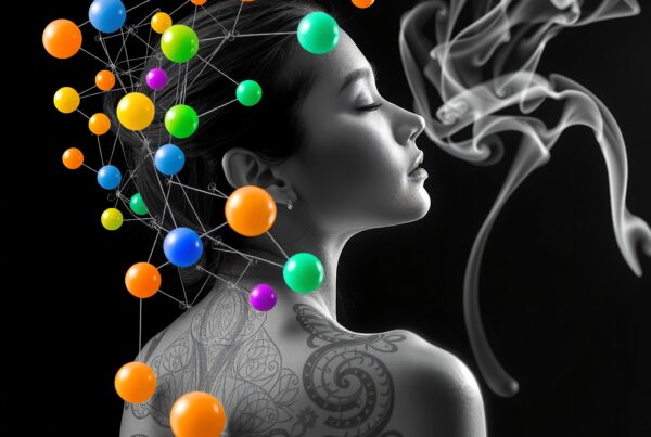 A grayscale portrait of a woman with colorful spheres and smoke around her, symbolizing creativity and contemplation.