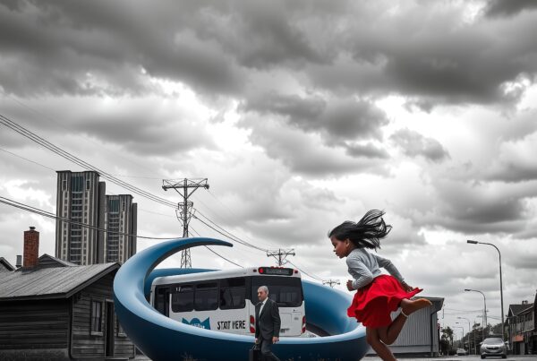 A young girl jumps playfully on a cloudy street with a blue sculpture and a bus in an urban setting.