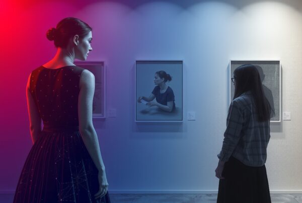 Two women observe art in a gallery accentuated by red and blue lighting, engaging deeply with exhibited portraits.