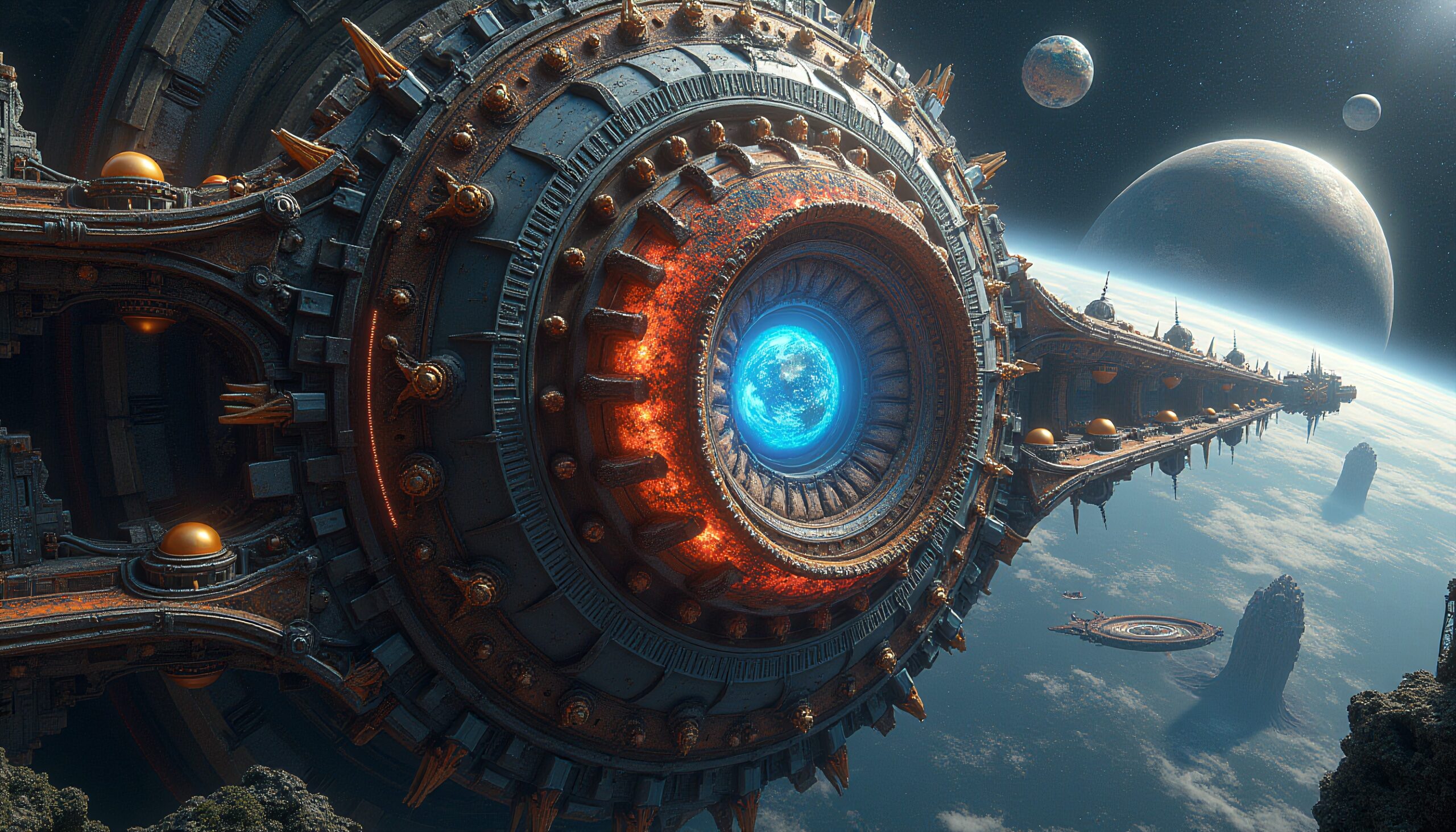 Futuristic Space Station with Planets