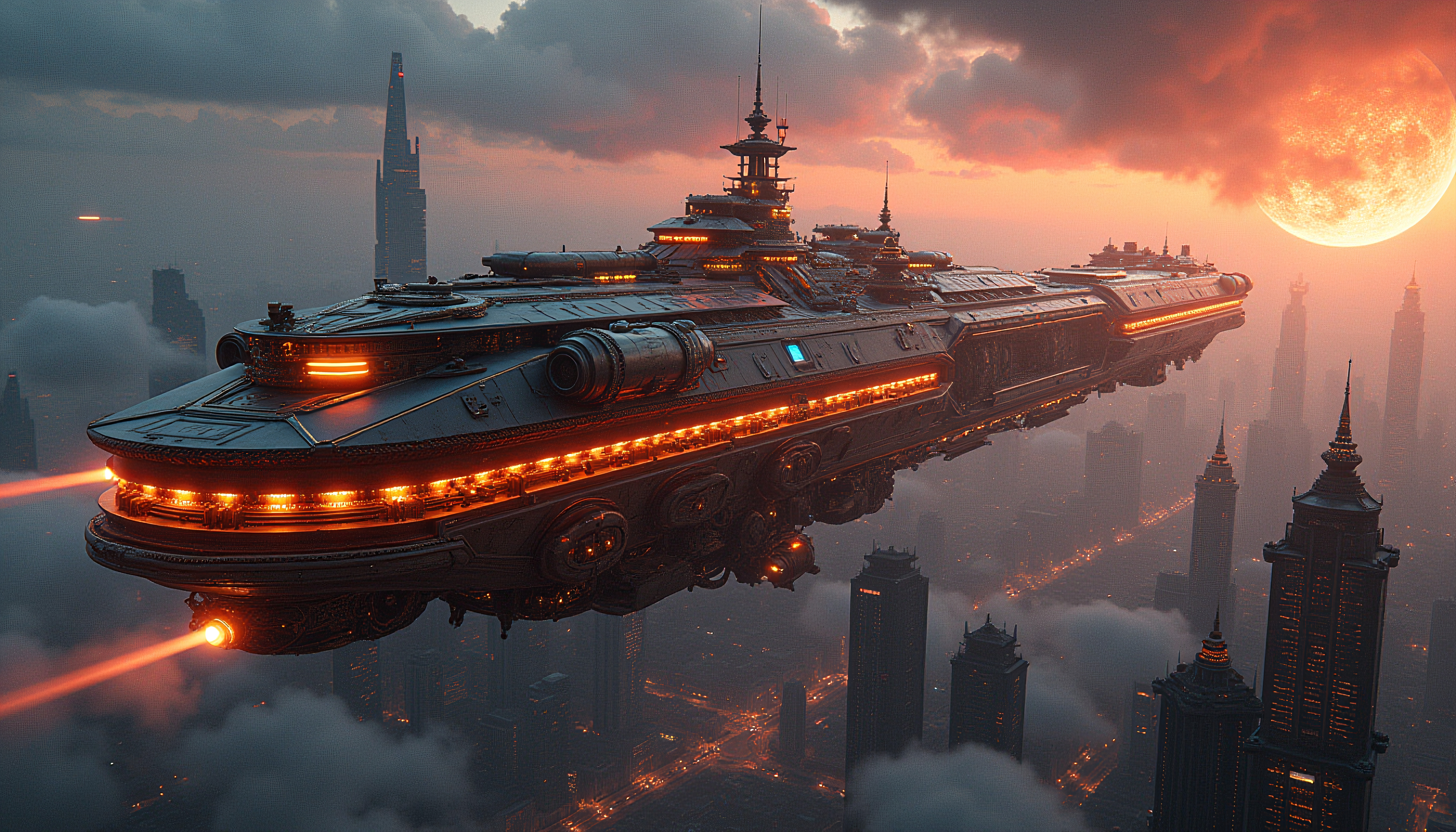 Sci-Fi Mega-Ship Dominating a Futuristic City