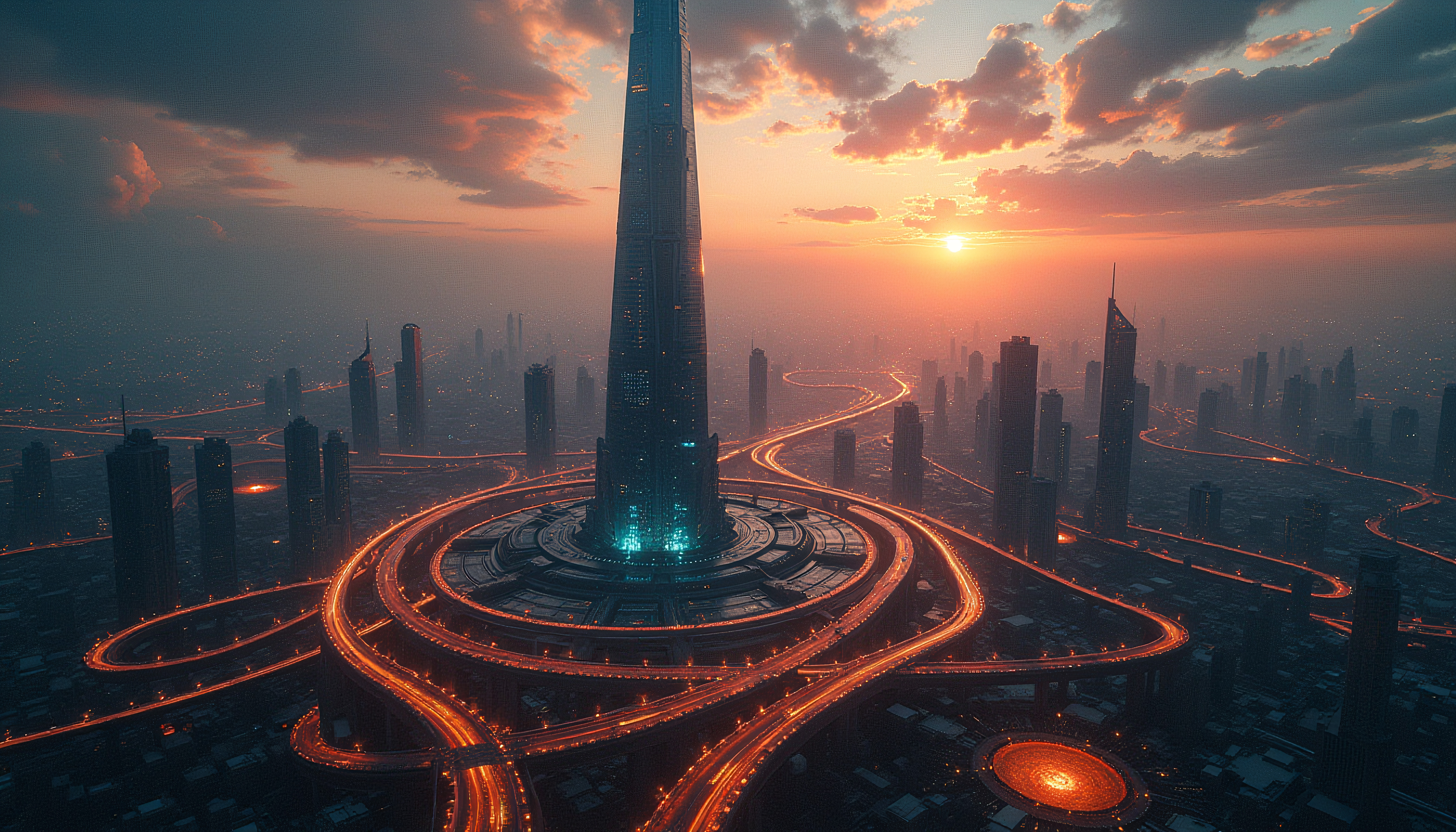 Futuristic Cityscape with Central Skyscraper