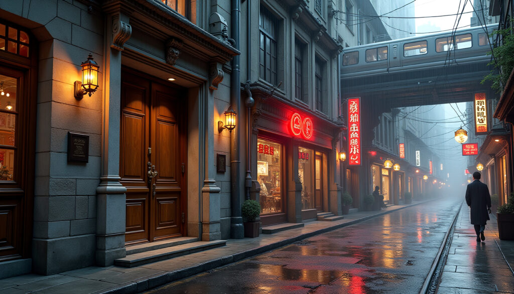 Rainy Asian City Street with Neon Signs, Elevated Train, and Wet