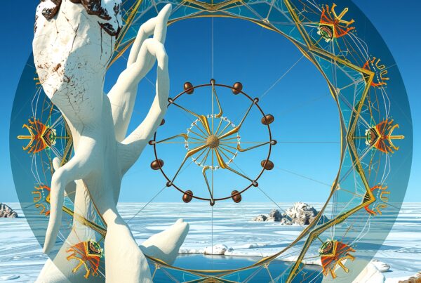 A surreal tree sculpture amidst snowy vistas, encircled by vibrant geometric patterns, under a clear blue sky.