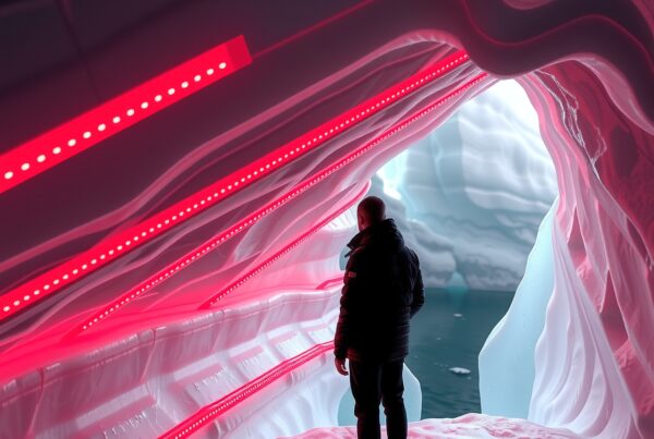 Person exploring a vibrant ice cave illuminated with pink LED lights, contrasting a serene icy landscape outside.