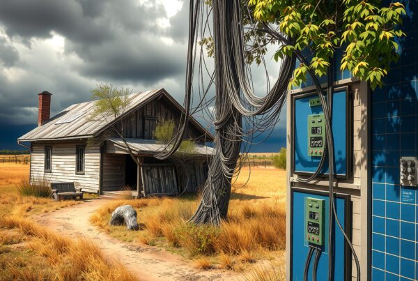 An old, rustic house in a field contrasts with a modern electric box and dramatic stormy sky.