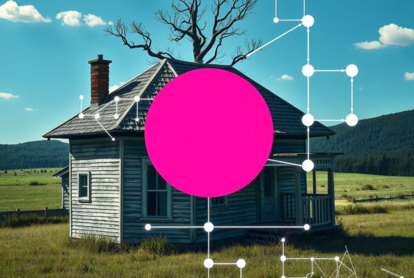 A rustic cabin landscape with digital network overlay featuring a pink circle.