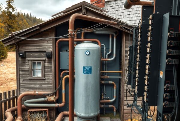 Rustic wooden shed with industrial equipment and pipes in a rural setting.