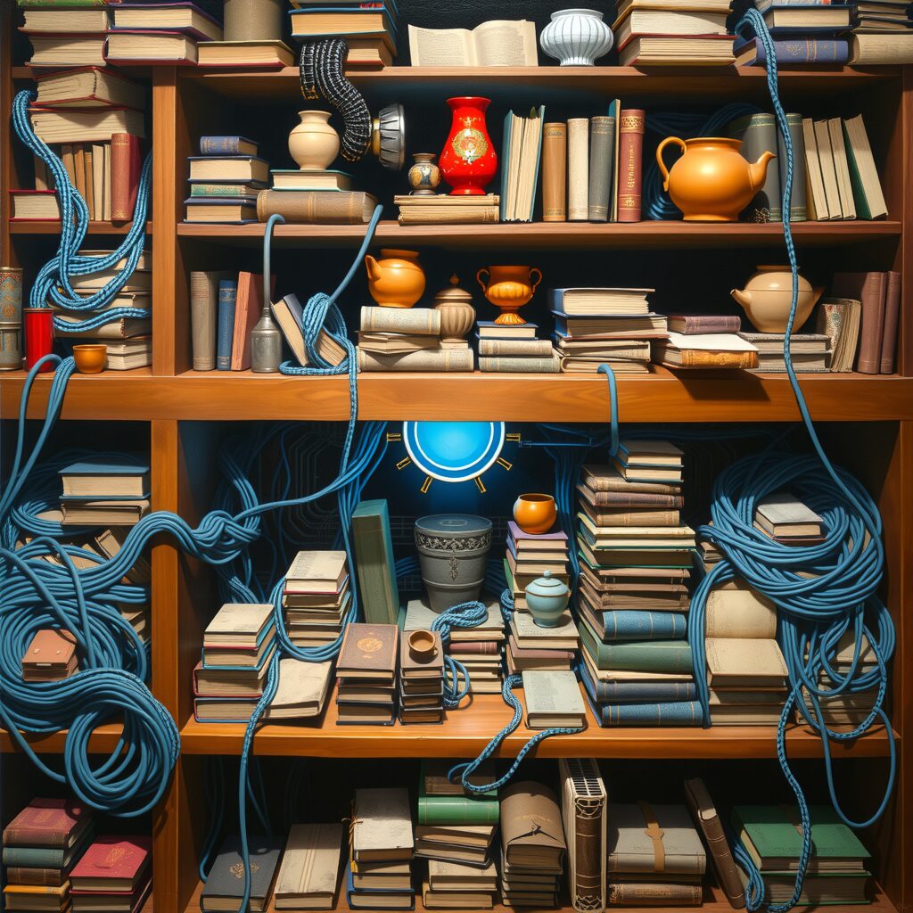 Stacked Bookshelves and Knotted Blue Ropes: Symbolizing Knowledg