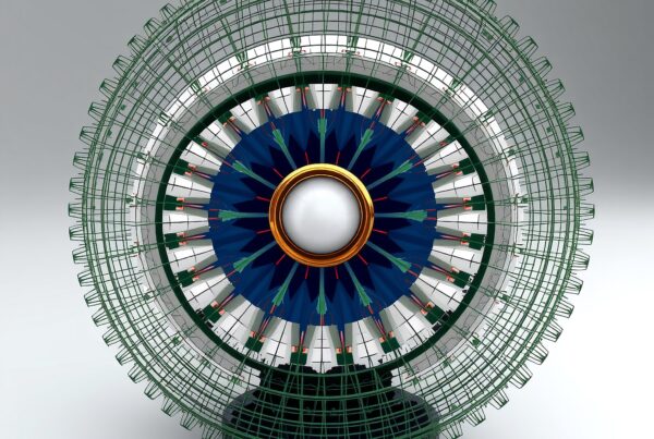 Intricate geometric design featuring a colorful, symmetrical wheel-like pattern with central sphere.