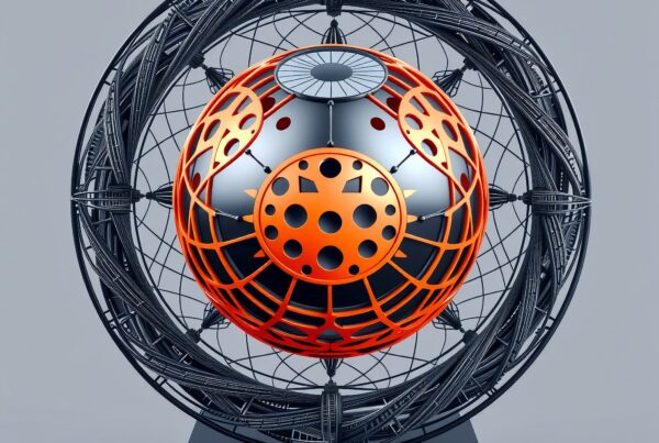 Futuristic sculpture with vibrant colors and intricate design.