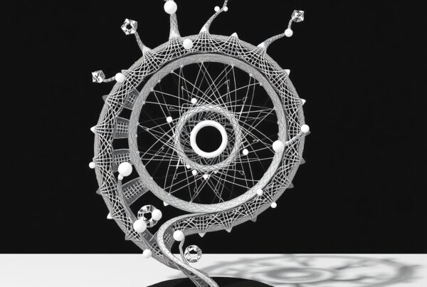 Abstract geometric sculpture with intricate circular design, featuring spherical elements and metal framework on a black base.
