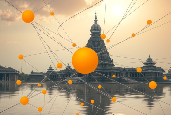 Temple at sunset with interconnected orange spheres adding a modern network element.
