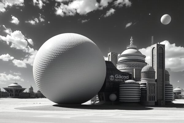 Futuristic cityscape with massive sphere architecture.