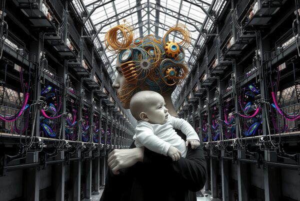 Futuristic scene with machinery, a person holding a baby, and bright neon lights in a glass-ceiling warehouse.