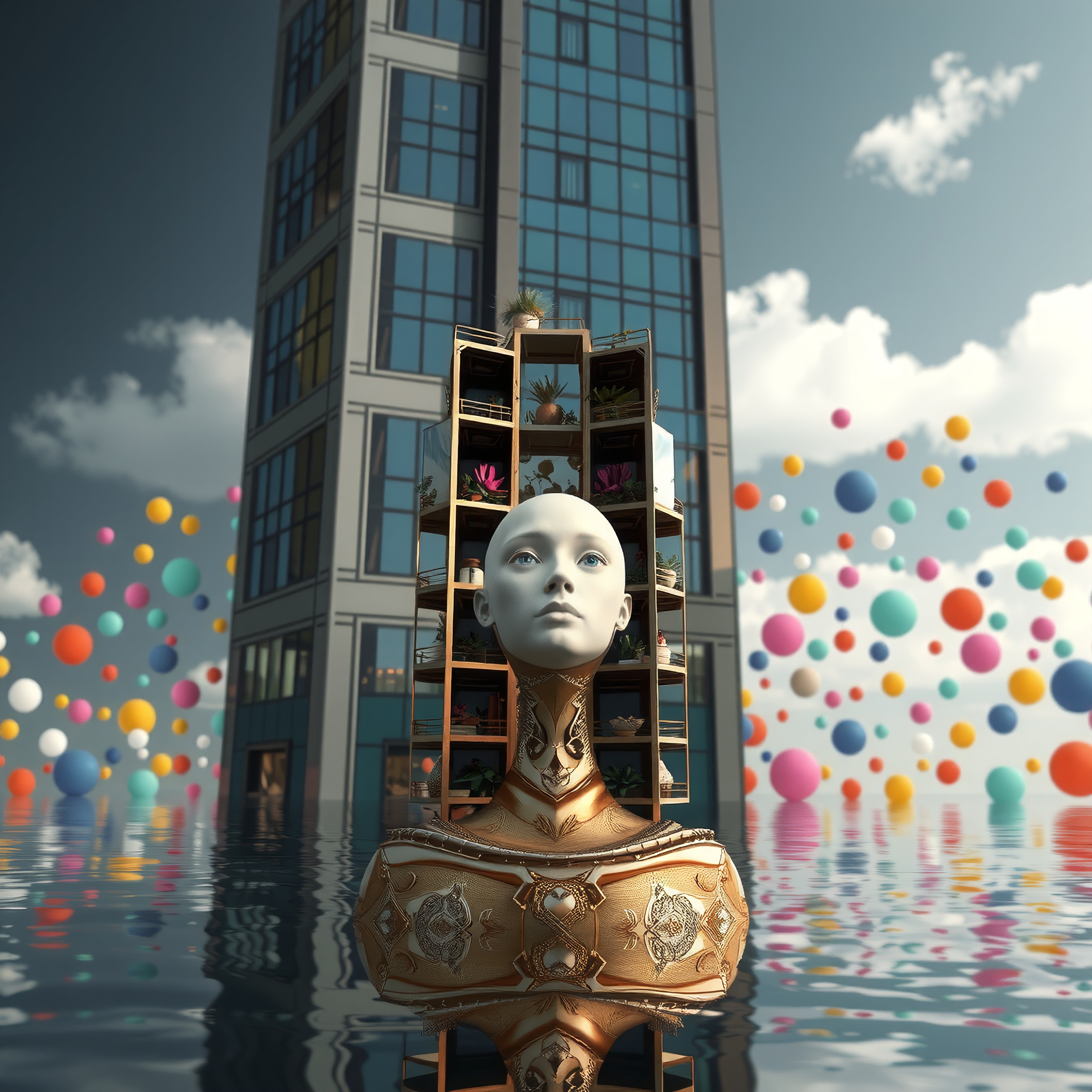 Head Sculpture Amidst Floating Orbs