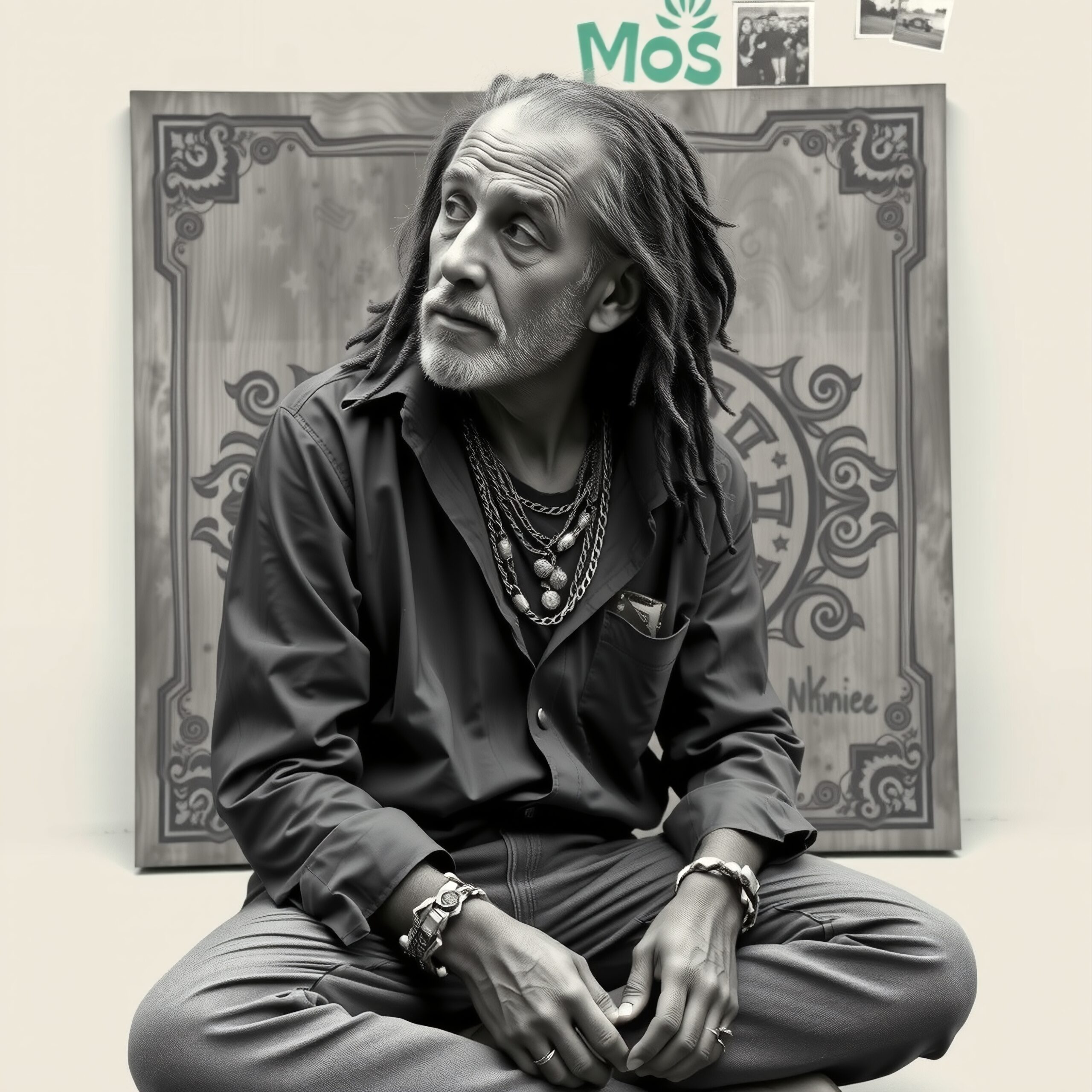 Reflective man with ornate background