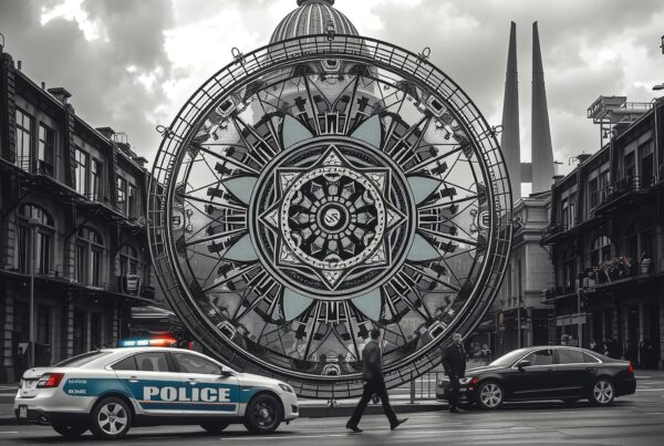 A massive mandala overlooks city traffic.