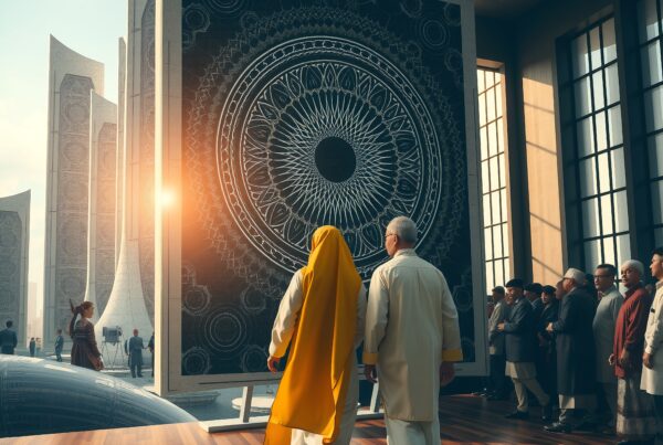 A man and woman in traditional attire walk towards intricate art in a modern architectural space with streaming sunlight.