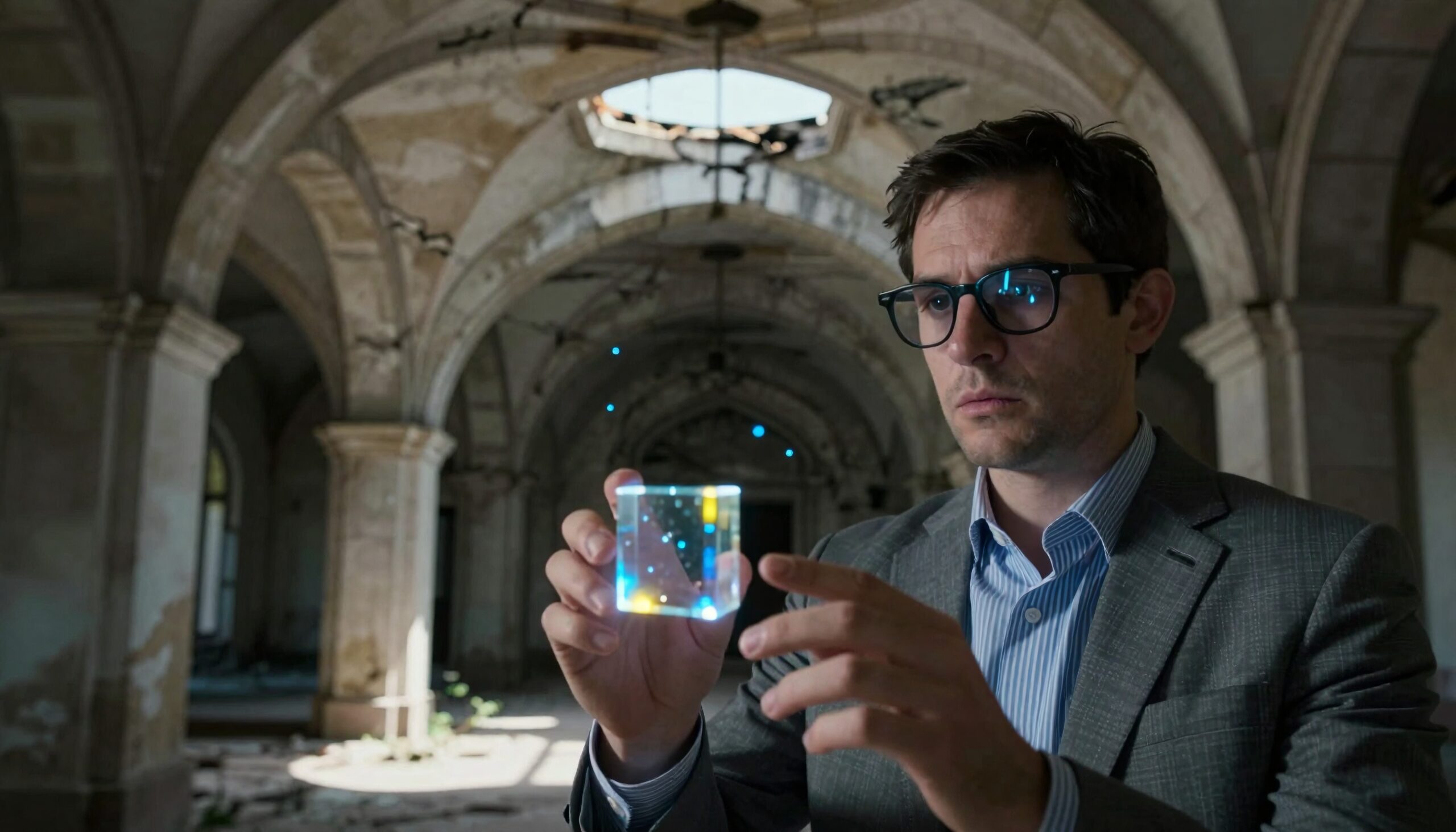 Man Examining Illuminated Mysterious Cube