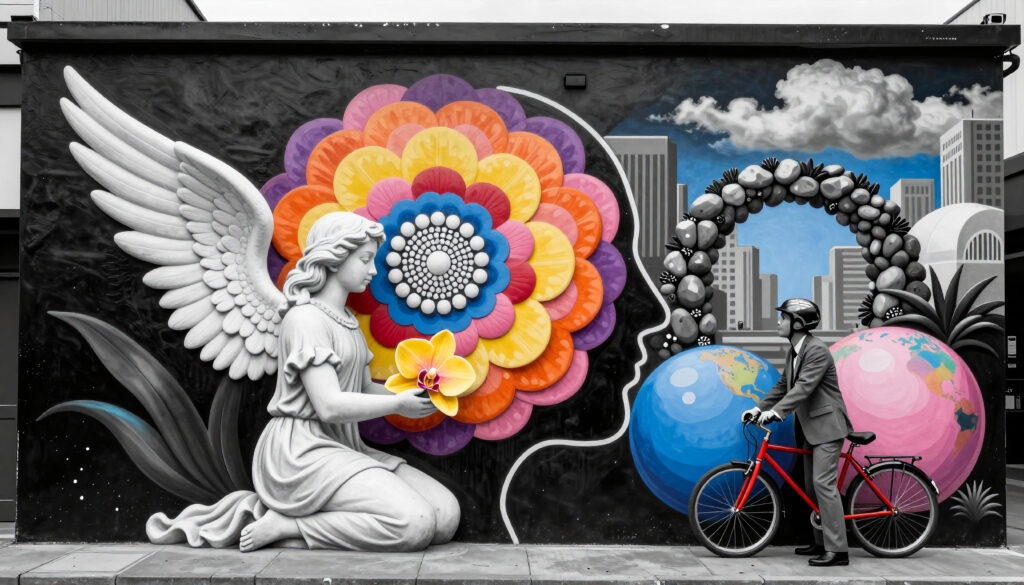 Urban Mural with Angel, Cyclist, and Globes