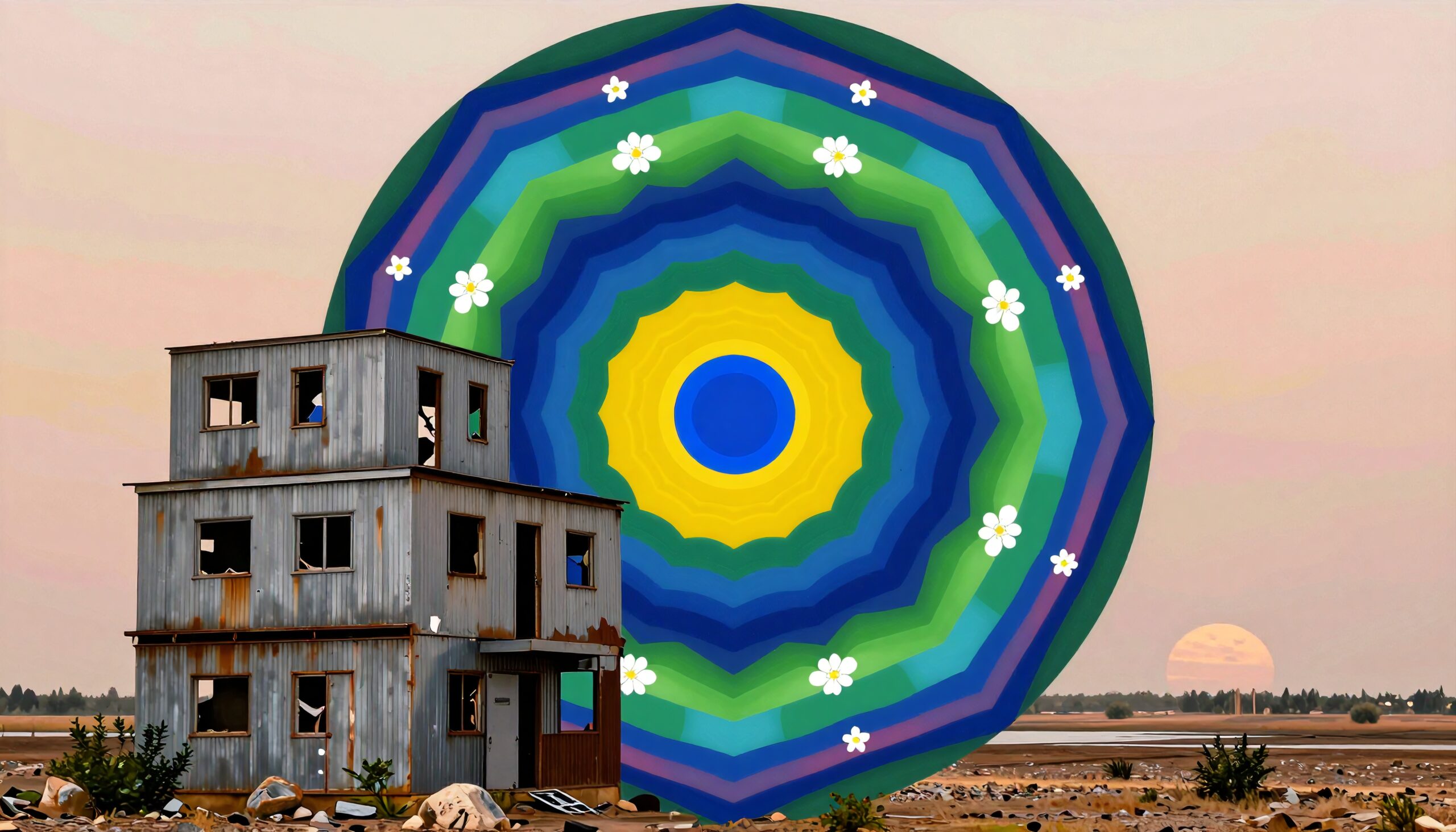 Surreal Mandala Over Abandoned Building