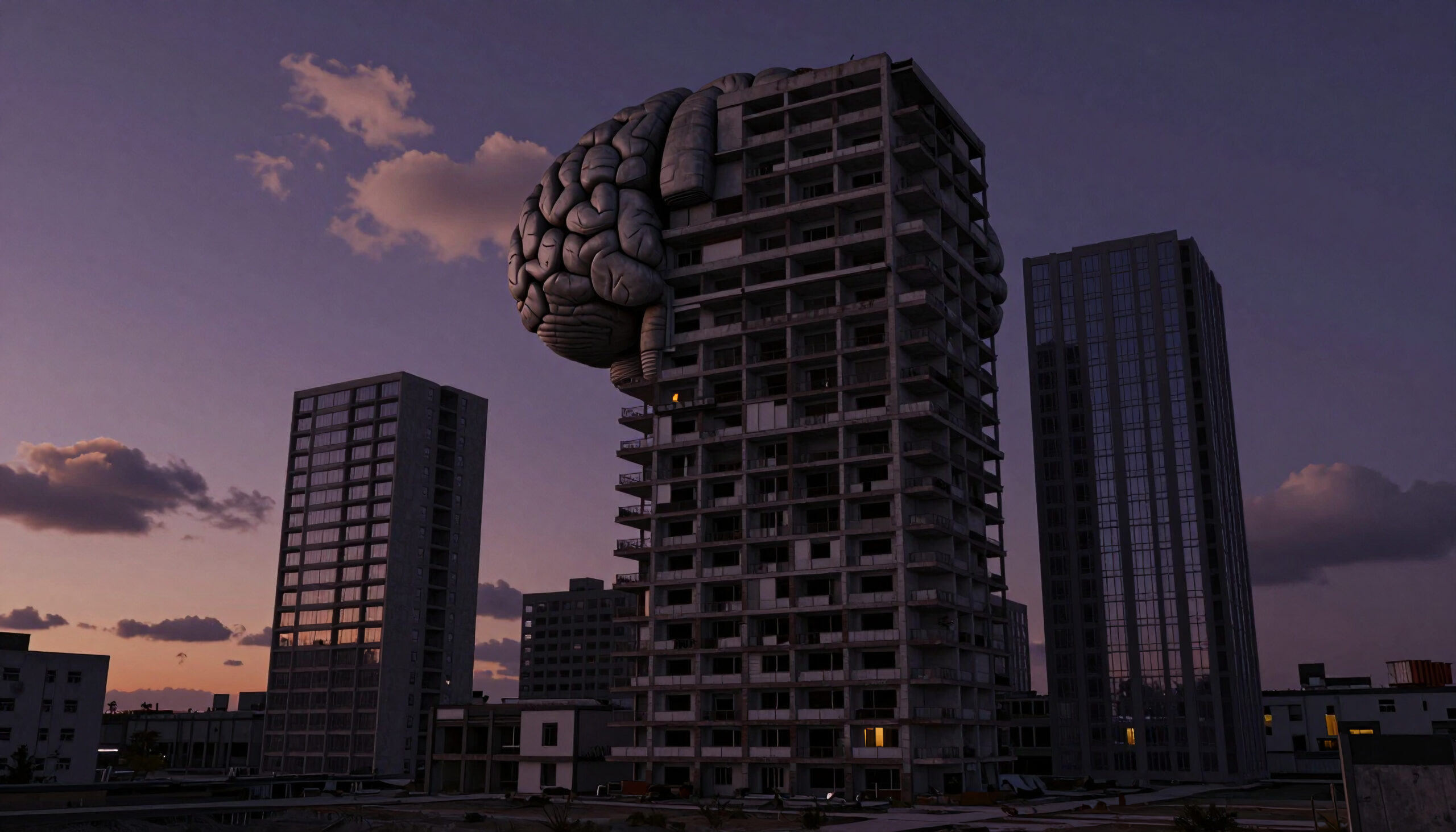 Cityscape featuring a brain-shaped skyscraper