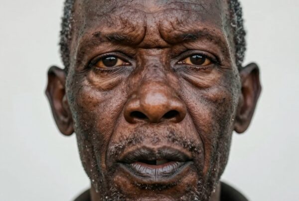 Portrait of an elderly man with textured skin and gray hair, showcasing a thoughtful expression against a neutral background.
