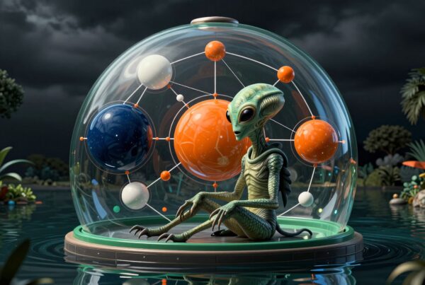 An alien sits in a dome surrounded by colorful spheres, floating on water under a cloudy sky amidst an exotic landscape.