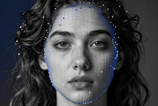 A black and white portrait with facial recognition mesh overlaid on a person’s face, illustrating the blend of technology and humanity.