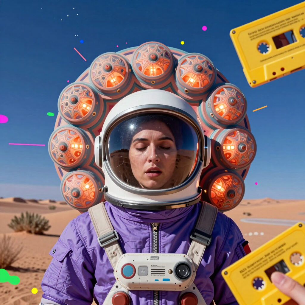 Astronaut in a Futuristic Headpiece in a Desert Landscape