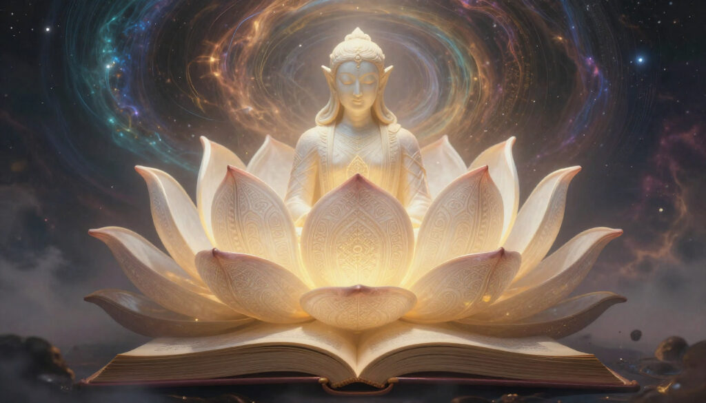 Buddha Statue on Radiant Lotus Above Open Book with Cosmic Galax