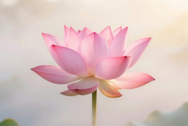A delicate pink lotus flower with illuminated petals against a soft, blurred background, evoking purity and tranquility.