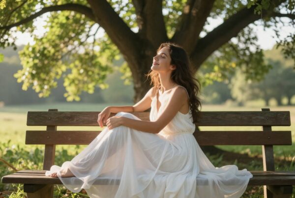 A woman in a white dress enjoys a peaceful moment on a park bench amidst lush greenery.