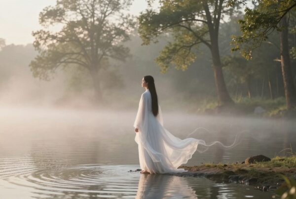 A woman in a flowing dress stands by a misty lake at sunrise.