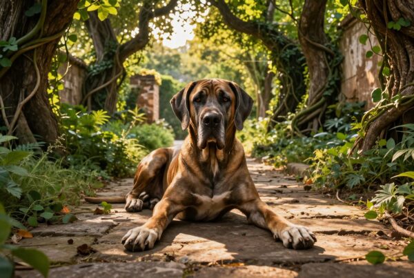 A large dog rests on a leafy garden pathway, surrounded by trees and sunlight.