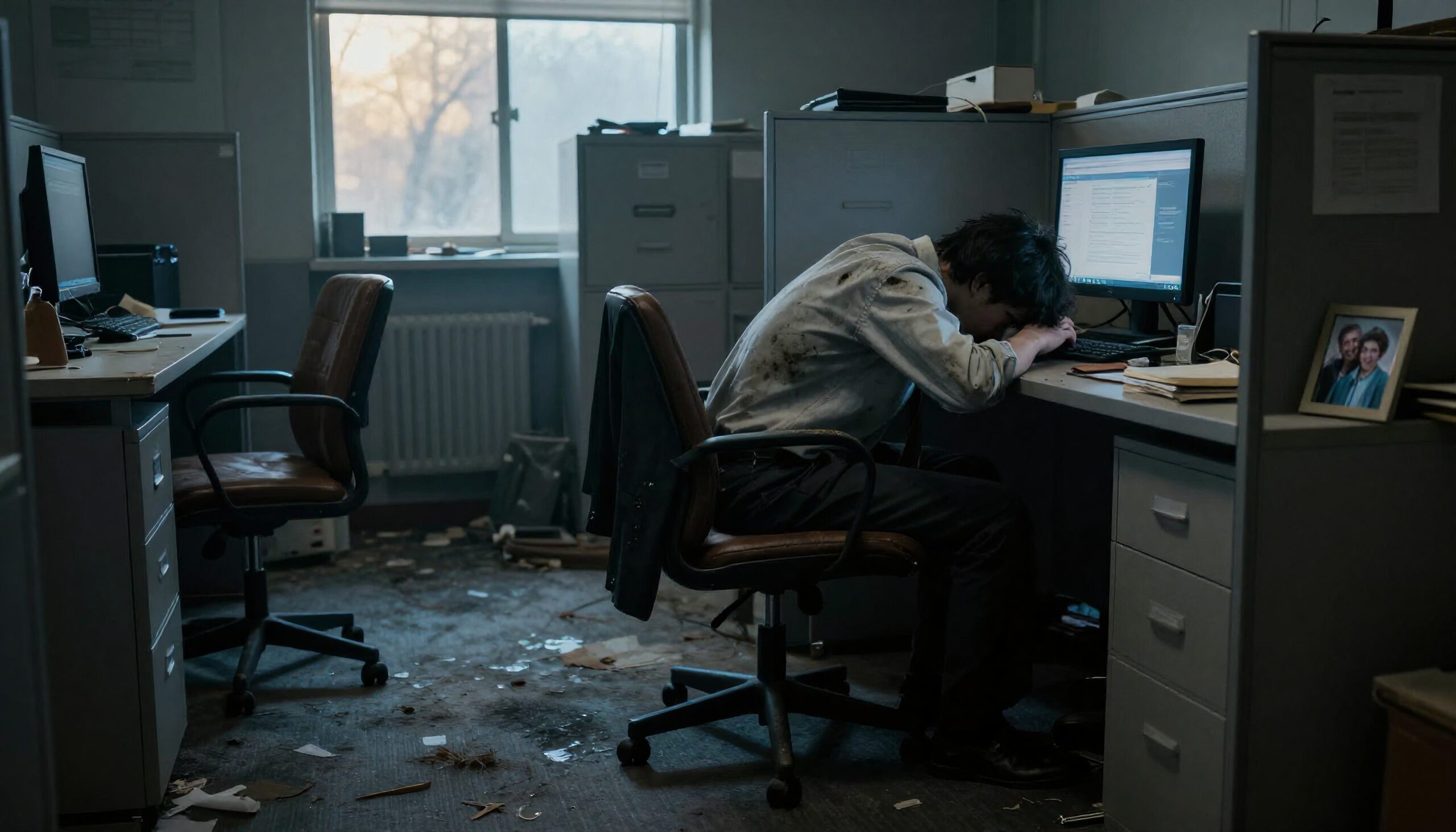 Office Chaos with Exhausted Worker