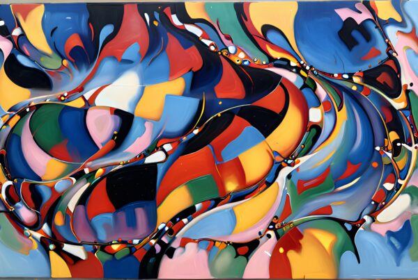 A vibrant abstract painting with swirling colors and dynamic shapes.