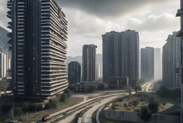 A moody cityscape with towering skyscrapers against a cloudy sky and deserted streets lined with sporadic greenery.
