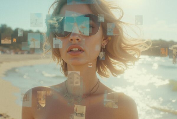 Woman with sunglasses standing on sunny beach surrounded by floating photo fragments
