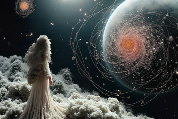 A figure stands on cosmic clouds, gazing at spiraling galaxies and celestial wonders.