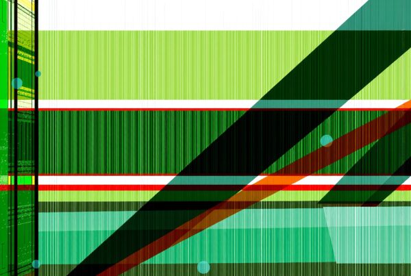 Abstract geometric design with green stripes, intersecting lines, and blue circles for a modern, dynamic look.