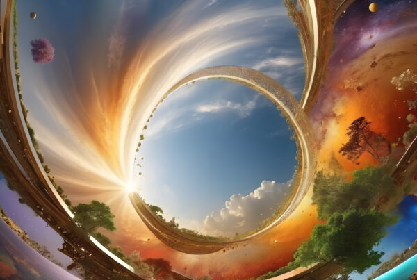 Surreal cosmic landscape with swirling infinity rings reflecting skies, trees, oceans, and distant planets in stunning AI-generated artwork