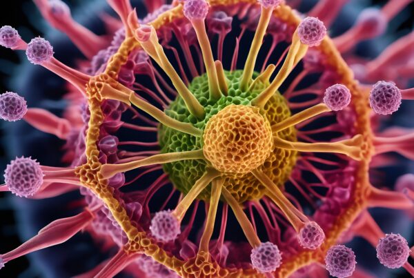Microscopic structure with vivid colors and intricate design.