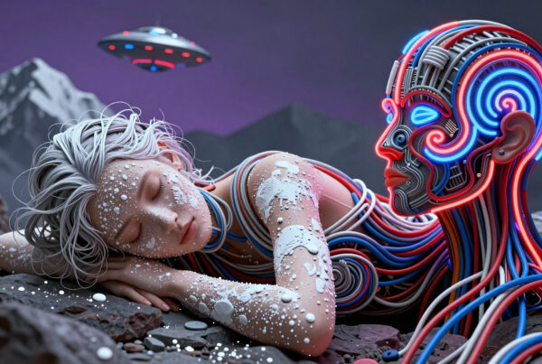 Futuristic humanoid meets glowing robotic head beneath hovering UFO against snowy peaks