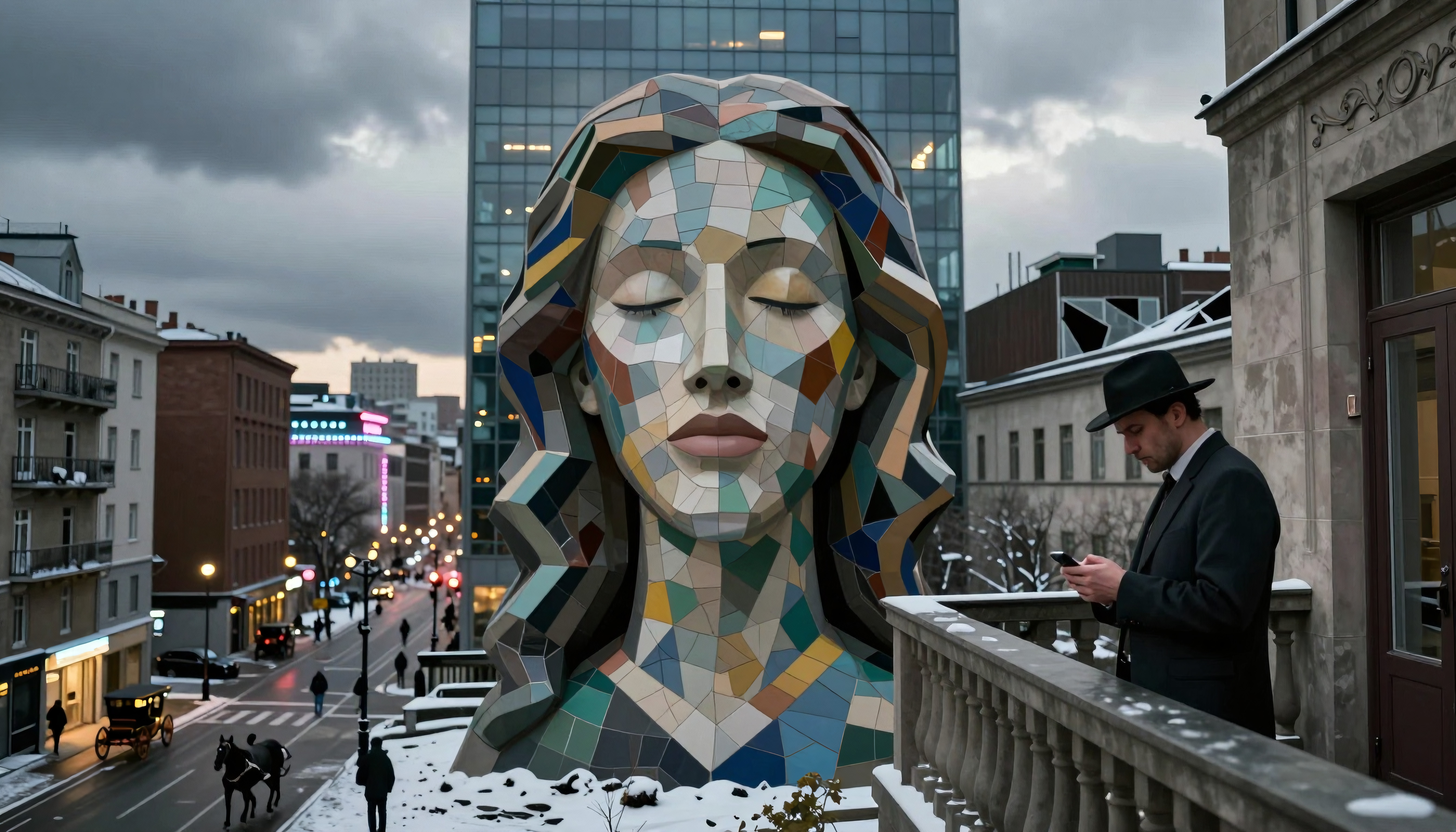 Urban winter with large mosaic sculpture