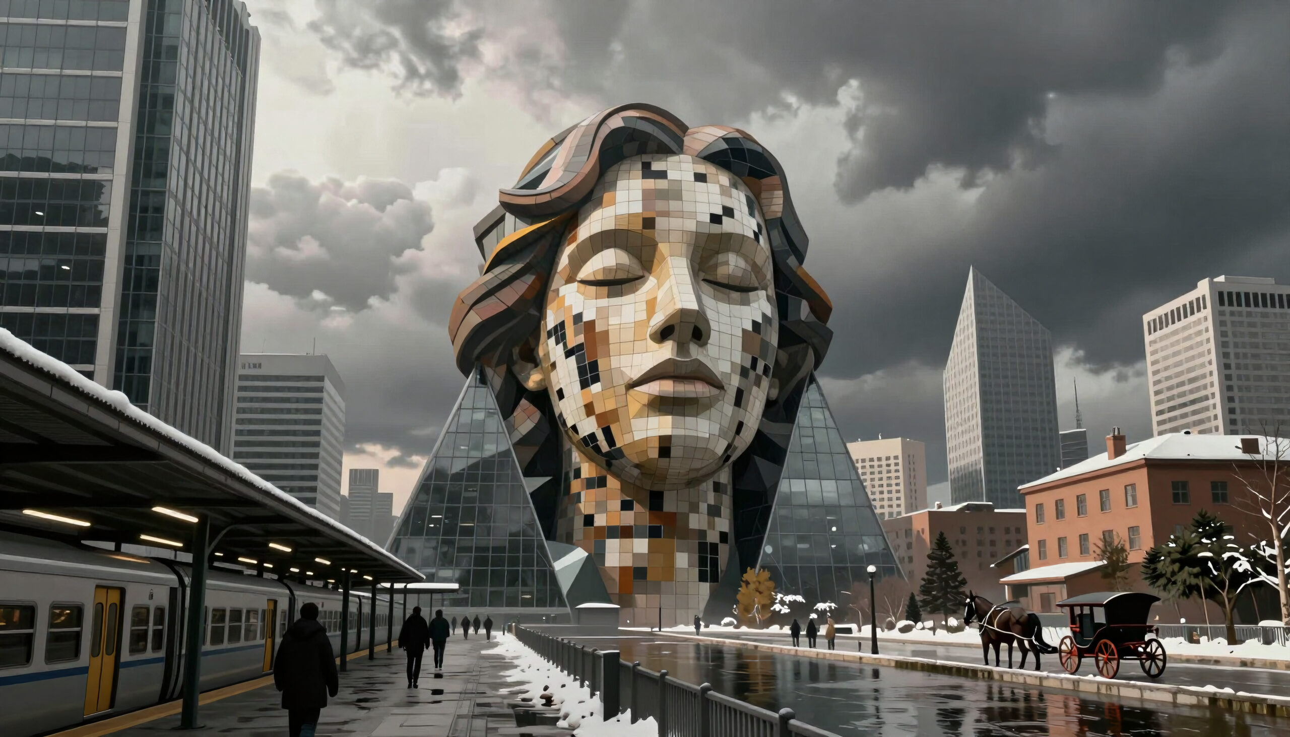 Futuristic Cityscape with Colossal Mosaic Head