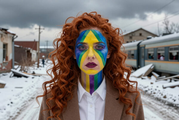 Woman with colorful face paint stands in snowy ruined train yard wearing beige coat over white shirt