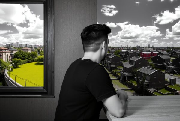Man looking out through window at contrasting vibrant and monochrome cityscape with red and green highlights.