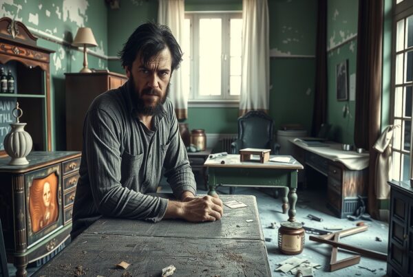 A man with a contemplative expression sits in a dusty, disorganized room.
